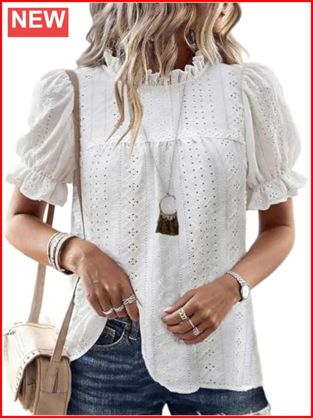 Eyelet Embroidered Puff Sleeve Blouse Pullover Top